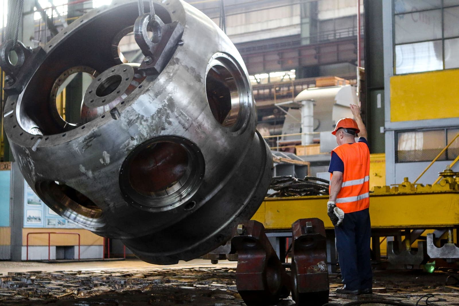 Machined steel casting in a heavy machinery hall